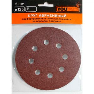 Круг на шл.бум.самосцепл.Ф125 P 40 дер/мет 8отв. (уп.5шт.) YOURTOOLS
